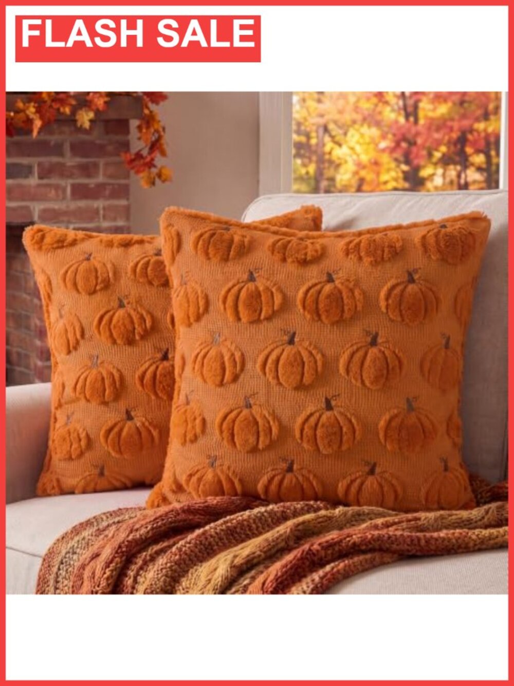 Set of 2 Fall Pumpkin Throw Pillow Covers 18x18 Faux Fur Plush Farmhouse